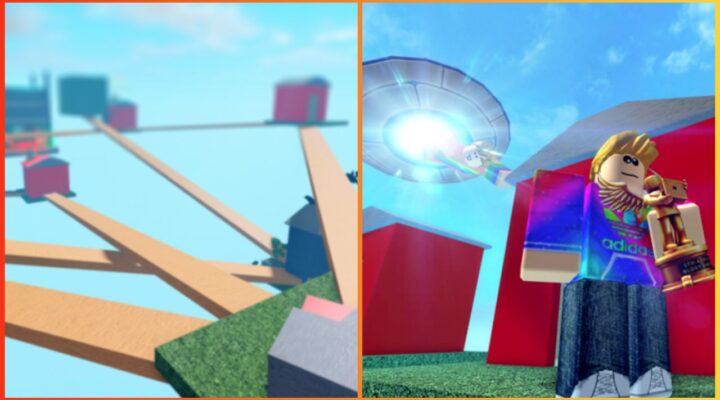 feature image for our horrific housing codes guide, the image features promo screenshots of the game such as a variety of wooden plank bridges leading to houses in the sky with a patch of grass, as well as a roblox character holding a trohy by a house as another roblox character is being abducted by aliens in a UFO
