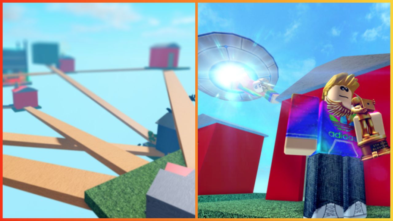 feature image for our horrific housing codes guide, the image features promo screenshots of the game such as a variety of wooden plank bridges leading to houses in the sky with a patch of grass, as well as a roblox character holding a trohy by a house as another roblox character is being abducted by aliens in a UFO