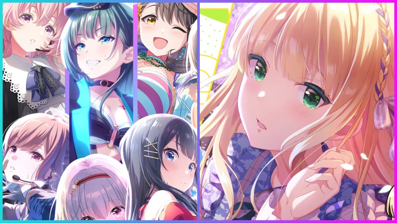 feature image for our idoly pride tier list, the image features anime-style promo art of some of the characters from the series and game as they wear microphone headsets