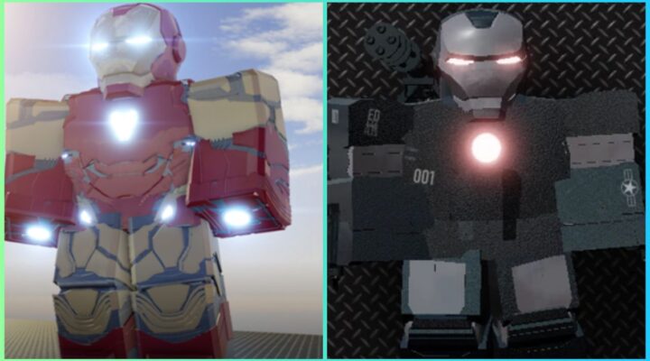 feature image for our iron man simulator 2 suits guide, the image features promo screenshots of the iron man suits in the roblox game on roblox character models