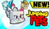 Feature image for our Jumping Pets Simulator codes guide. it shows three pets, a blue bird, a white fox with multiple tails and pink and blue stripes, and a dog in a Sheriff's hat. The pets are on a cloud.