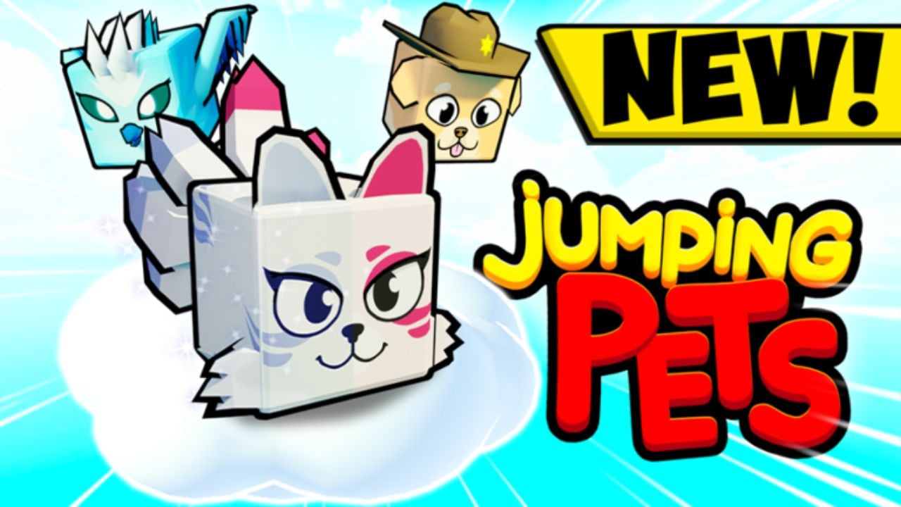 Feature image for our Jumping Pets Simulator codes guide. it shows three pets, a blue bird, a white fox with multiple tails and pink and blue stripes, and a dog in a Sheriff's hat. The pets are on a cloud.