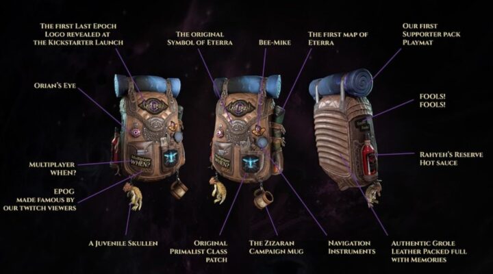 Feature image for our Last Epoch backpack guide. It shows multiple views of the Traveler's Backpack, with labels indicating different items hanging from it or attached to it.