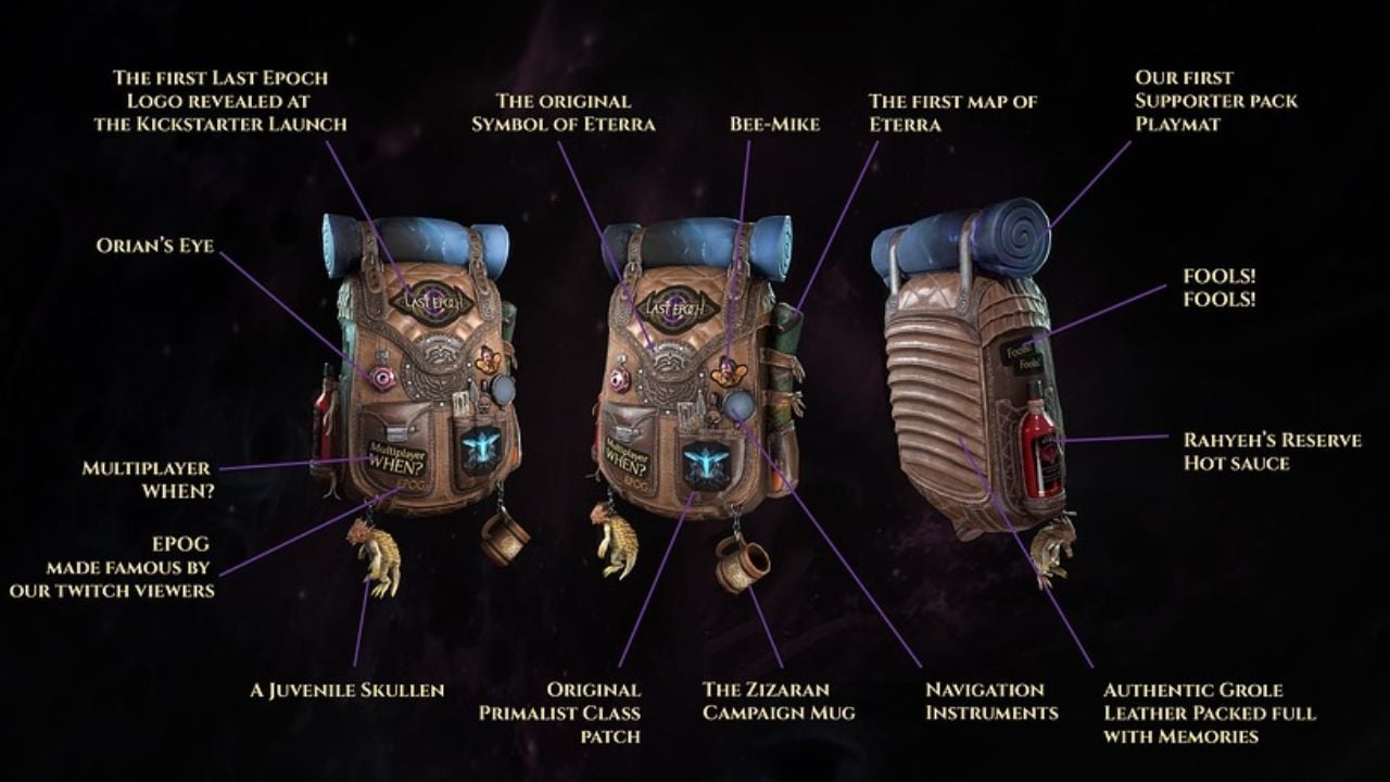 Feature image for our Last Epoch backpack guide. It shows multiple views of the Traveler's Backpack, with labels indicating different items hanging from it or attached to it.