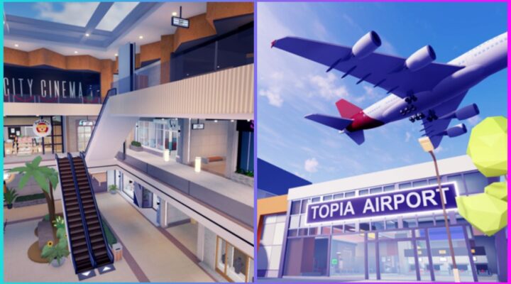 feature image for our livetopia codes guide, the image features screenshots from the game of a mall with an escalator and shops and of an airport with a plane flying above in the sky