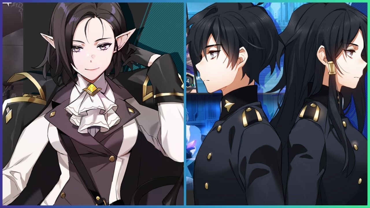 feature image for our lord of heroes codes guide, the image features anime style promo art of characters from the game such as a woman with elf ears and two characters facing back to back as they both wear the same uniform