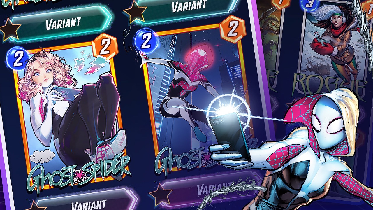 The featured image for our Marvel Snap Variants guide, featuring the character Spider Gwen. Behind her are a few variant cards for her character.