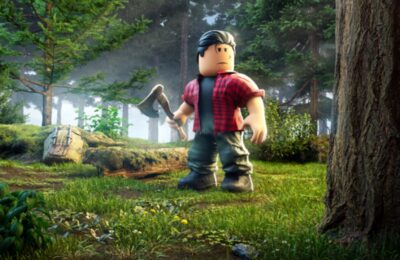 The featured image for our Masterblox codes, featuring a character from the game holding an axe in a forest. The character looks around curiously at his surroundings.