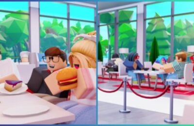 feature image for our my restaurant codes guide, the image features roblox characters as they sit at their tables at a restaurant, with one roblox character holding a burger and another holding a cheesecake, the restaurant has floor to ceiling windows where you can see trees outside