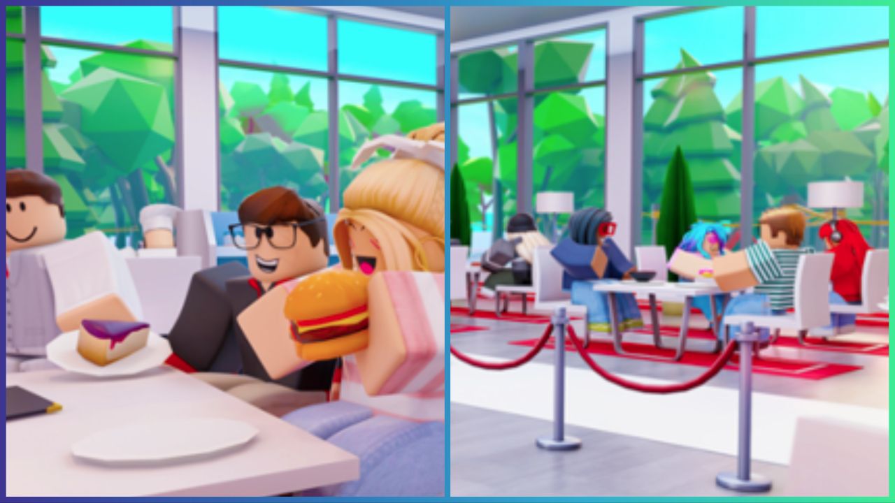 feature image for our my restaurant codes guide, the image features roblox characters as they sit at their tables at a restaurant, with one roblox character holding a burger and another holding a cheesecake, the restaurant has floor to ceiling windows where you can see trees outside