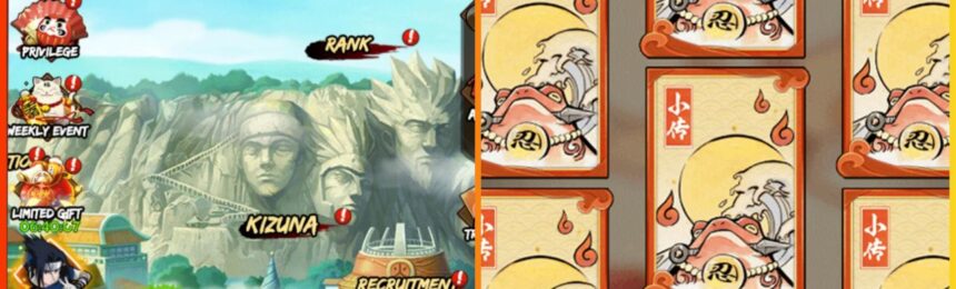 feature image for our ninja legend idle codes guide, the image features promo screenshots from the game such as playing cards with traditional art on them as well as a screenshot of one of the main menu screens of the map with various game function icons