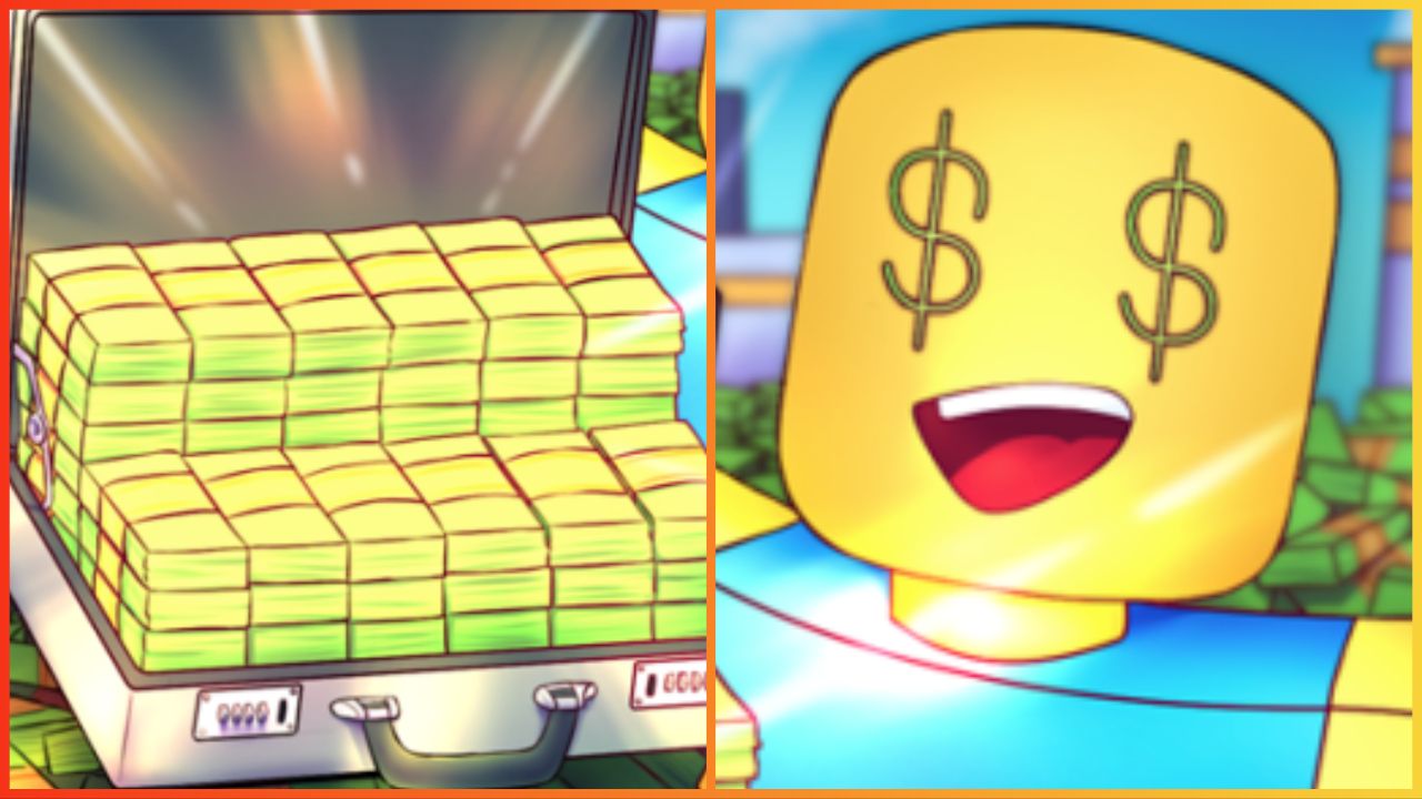 feature image for our noob factory simulator codes, the image features promo art for the game of a roblox character smiling with dollar signs for eyes, as well as a drawing of a briefcase that is open with stacks of money inside as it glows
