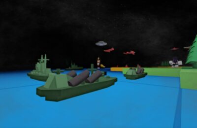 Feature image for our Noobs In Combat codes guide. It shows an in-game screen with battleships, aircraft, and a flying saucer.