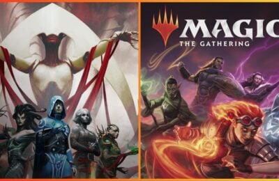 feature image for our oathbreaker tier list, the image features official promo art of characters from the game, including a creature standing behind characters while their arms are covered in red ribbons, some of the characters have elements swirling around their hands, the game's logo is also at the top
