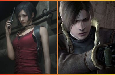 feature image for our resident evil 4 mercenaries tier list guide, the image features screenshots from the game of ada wong as she holds a walkie talkie, and leon kennedy as he holds a gun