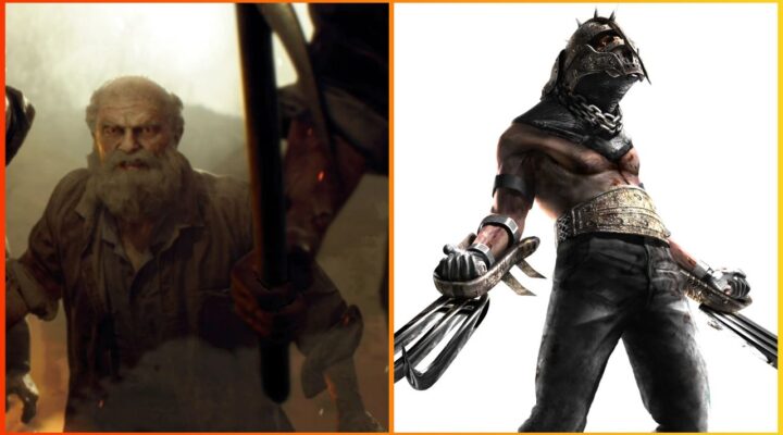 feature image for our resident evil 4 monsters guide, the image features official art of a ganado from the game as they wield their weapon and garrador as he opens his arms out to show his metal claws