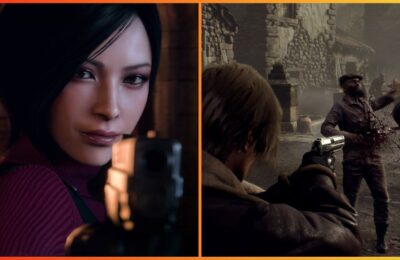feature image for our resident evil 4 weapons tier list guide, the image features screenshots from the game of ada wong holding a gun and leon kennedy taking part in combat as he shoots the infected