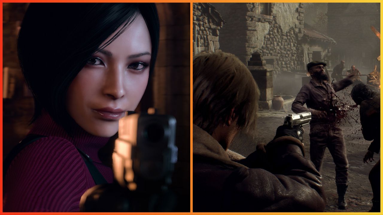 feature image for our resident evil 4 weapons tier list guide, the image features screenshots from the game of ada wong holding a gun and leon kennedy taking part in combat as he shoots the infected