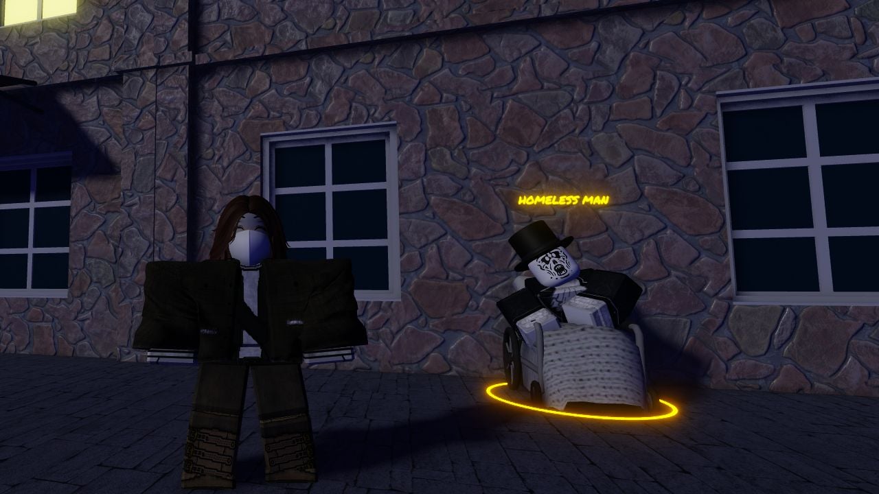 The feature image for our Roblox Is Unbreakable Homeless Man guide. It shows a player character stood next to the Homeless Man in London during the Phantom Blood chapter.