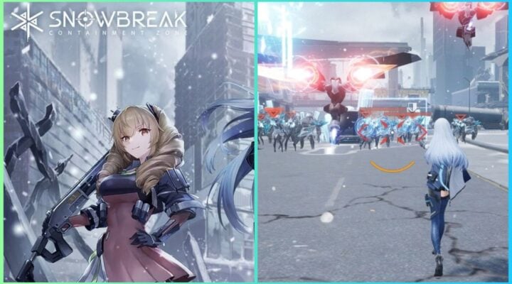 feature image for our snowbreak: containment zone tier list, the image features promo art of a character stood in a snowy city with debris around her, as well as a screenshot of gameplay of a character wielding her weapons as she attacks sci-fi robots in a derelict city