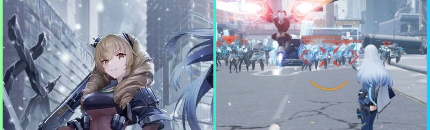 feature image for our snowbreak: containment zone tier list, the image features promo art of a character stood in a snowy city with debris around her, as well as a screenshot of gameplay of a character wielding her weapons as she attacks sci-fi robots in a derelict city