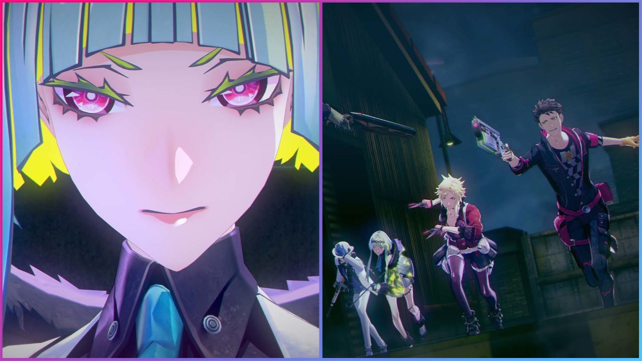 feature image for our soul hackers 2 characters guide, the image features two screenshots from the game of the main character ringo as well as four playable characters taking part in battle such as milady, ringo, arrow, and saizo