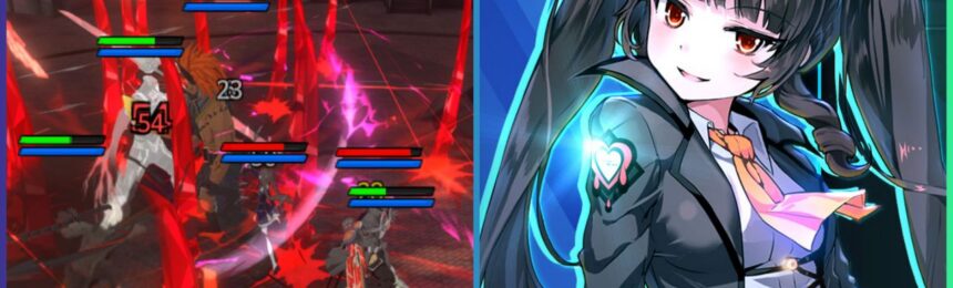 feature image for our soulworker urban strategy codes guide, the image features a screenshot of combat gameplay from the game with red spikes coming out of the ground, as well as anime-style promo art of a character from the game as she smiles
