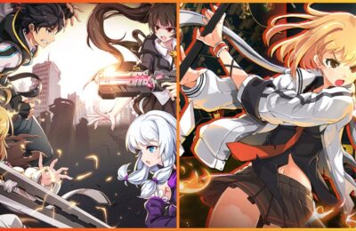 feature image for our soulworker urban strategy tier list, the image features promo art for the characters from the game as they wield their weapons with an abandoned cityscape in the background