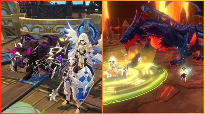 feature image for our summoners war: chronicles monsters guide, the image features screenshots from the game of players taking part in a battle against a dragon, as well as players stood next to monsters such as the chimera and the archangel
