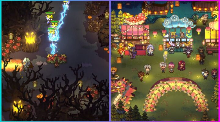 feature image for our sun haven museum guide, the image features promo screenshots from the game of characters taking part in a festival with glowing stalls by the waterside, there is also a screenshot of a character taking part in battle as they explore a forest with pumpkins and fire