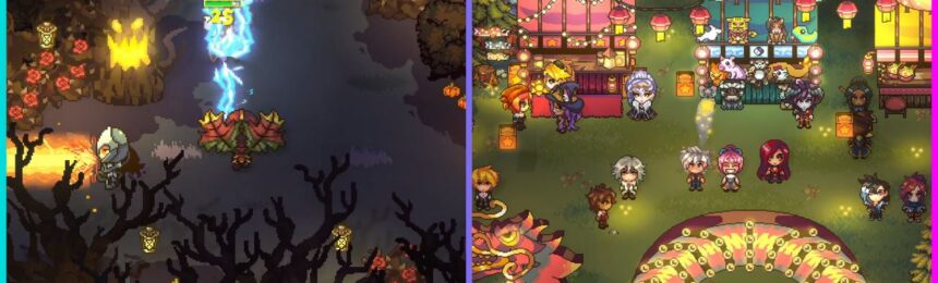 feature image for our sun haven museum guide, the image features promo screenshots from the game of characters taking part in a festival with glowing stalls by the waterside, there is also a screenshot of a character taking part in battle as they explore a forest with pumpkins and fire