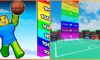 feature image for our super dunk codes guide, the image features a roblox character holding a basketball as they jump in the air with the rainbow scoreboard next to them, there is also a screenshot from the game of the milestone board