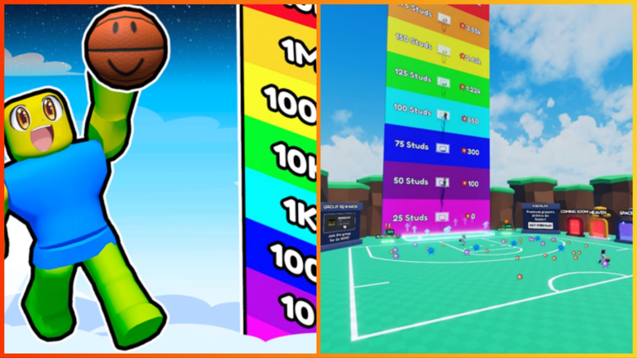 feature image for our super dunk codes guide, the image features a roblox character holding a basketball as they jump in the air with the rainbow scoreboard next to them, there is also a screenshot from the game of the milestone board