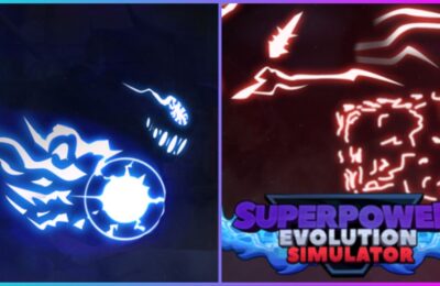 feature image for our super power evolution simulator codes guide, the image features official promo art for the game of neon lights in the shape of two faces and symbols that showcase specific abilities, the game's logo is also at the bottom surrounded by blue flames