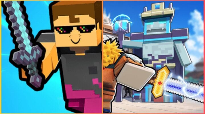 feature image for our sword race codes guide, the image features promo photos for the game of a roblox character wearing sunglasses whilst holding a sword, there is also a photo of a roblox character wielding a sword while taking part in a battle with a giant monster