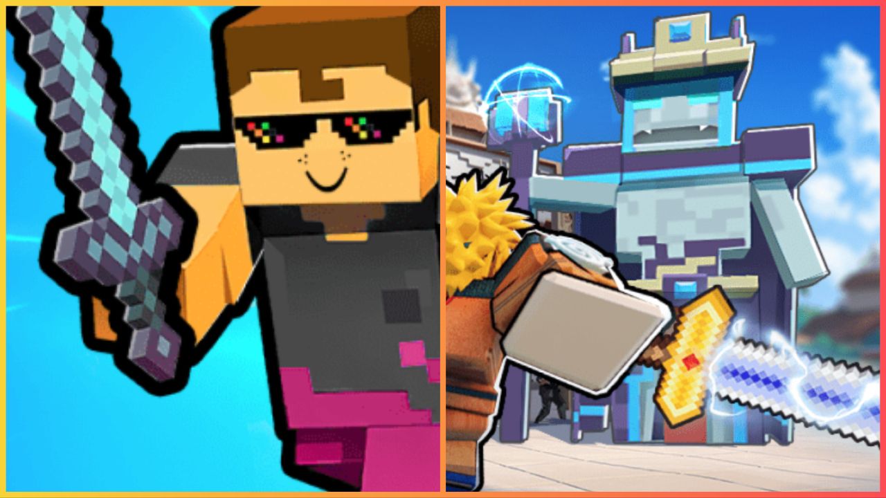 feature image for our sword race codes guide, the image features promo photos for the game of a roblox character wearing sunglasses whilst holding a sword, there is also a photo of a roblox character wielding a sword while taking part in a battle with a giant monster