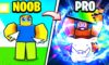 The featured image for our Tapping Masters codes guide, featuring two Roblox characters. One is labeled "Noob", and the other is labeled "pro". The pro holds up a rainbow flag, while riding a cosmic space pig, contrasting the noob who stands there hopelessly.