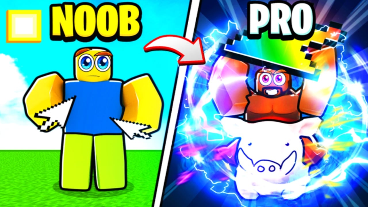 The featured image for our Tapping Masters codes guide, featuring two Roblox characters. One is labeled "Noob", and the other is labeled "pro". The pro holds up a rainbow flag, while riding a cosmic space pig, contrasting the noob who stands there hopelessly.