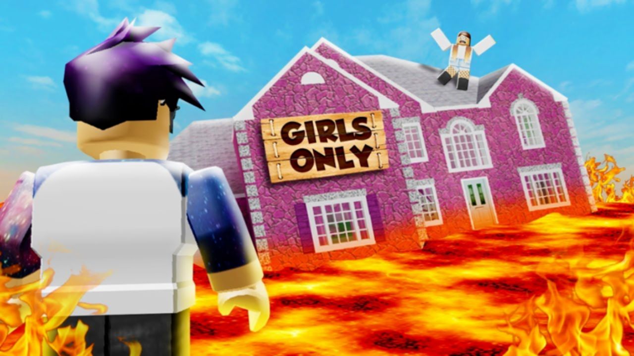 Feature image for our The Floor Is Lava codes guide. It shows a male Roblox player stood staring at a lake of lava. Across it is a pink house with a 'Girls Only' sign that appears to be sinking into the lava. A female Roblox character is stood on the roof of the sinking house, panicking.
