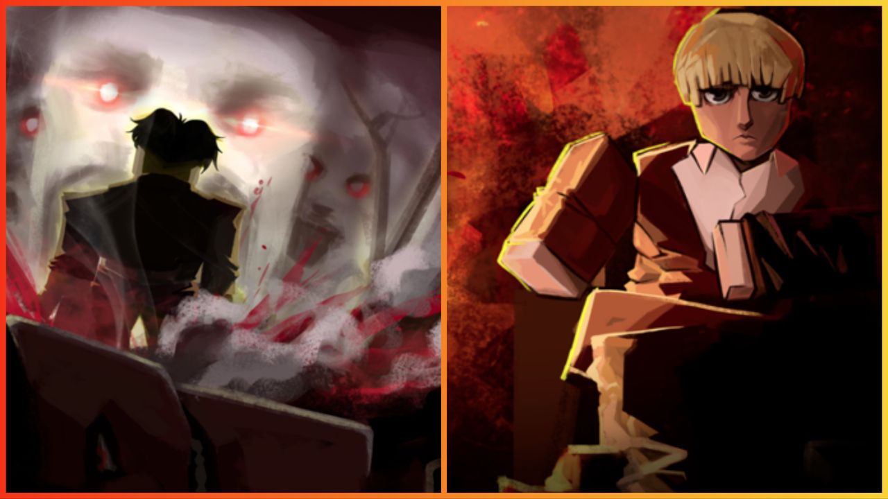 feature image for our titan warfare codes guide, the image features promo art for the game of a roblox version of a character from attack on titan, as well as a drawing of a roblox character coming face to face with a titan with glowing red eyes