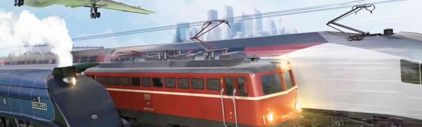 The featured image for our Transport Fever 2 build headquarters guide, featuring three trains and a plane travelling in the same direction.