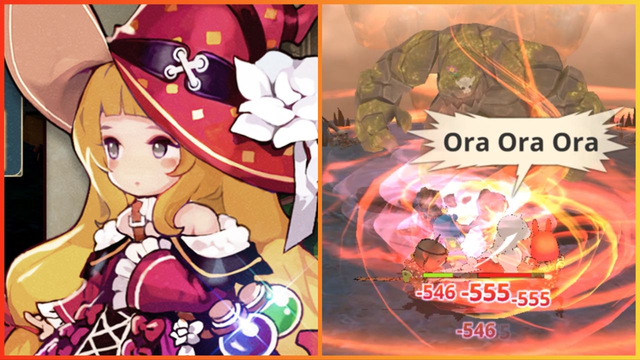 feature image for our witch market codes guide, the image features promo art of a character wearing a witch hat and a dress with ruffles, as well as a screenshot of combat gameplay as a team of characters battle against a boss made of rock