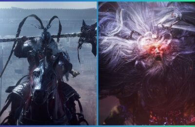 feature image for our wo long: fallen dynasty bosses guide, the image features promo screenshots of two bosses from the game, with one holding a large weapon while on horseback, and the other appearing as an old man with extremely long hair and red glowing eyes
