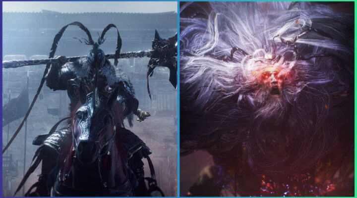feature image for our wo long: fallen dynasty bosses guide, the image features promo screenshots of two bosses from the game, with one holding a large weapon while on horseback, and the other appearing as an old man with extremely long hair and red glowing eyes