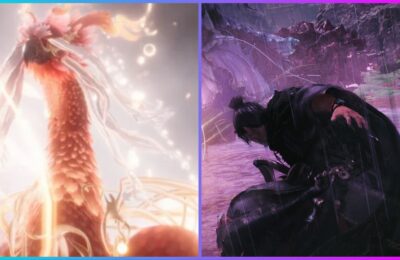 feature image for our wo long fallen dynasty divine beasts guide, the image features screenshots from the game of one of the divine beasts, as well as the main character crouched on the floor by water and violet flowers as the rain pours down