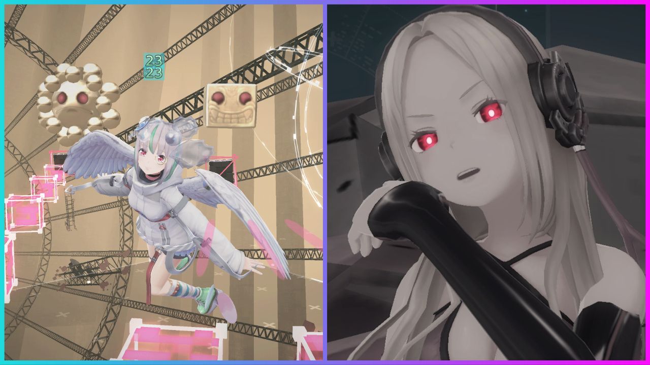 feature image for our 404 GAME: RESET codes, the image features promo screenshots from the game of a character with red glowing eyes and headphones on her head, as she puts her hand up to her face and scowls, there is also a screenshot of a character floating with angel wings as a square and sphere with grimacing facial expressions floating behind her, there is also metal frames and boxes surrounding her