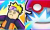 feature image for our anime catching simulator codes, the image feautres a roblox version of naruto with a frown on his face and spiral eyes, there is also a drawing of a poke ball from pokemon with sparks coming out of it as it captures naruto