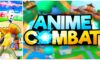 feature image for our anime combat simulator codes, the image features the official game's logo, with previews of some of the areas from the game in the background but blurry, there is also a promo screenshot of a roblox character taking part in a battle with sparks and cards flying above their head as they duck downwards