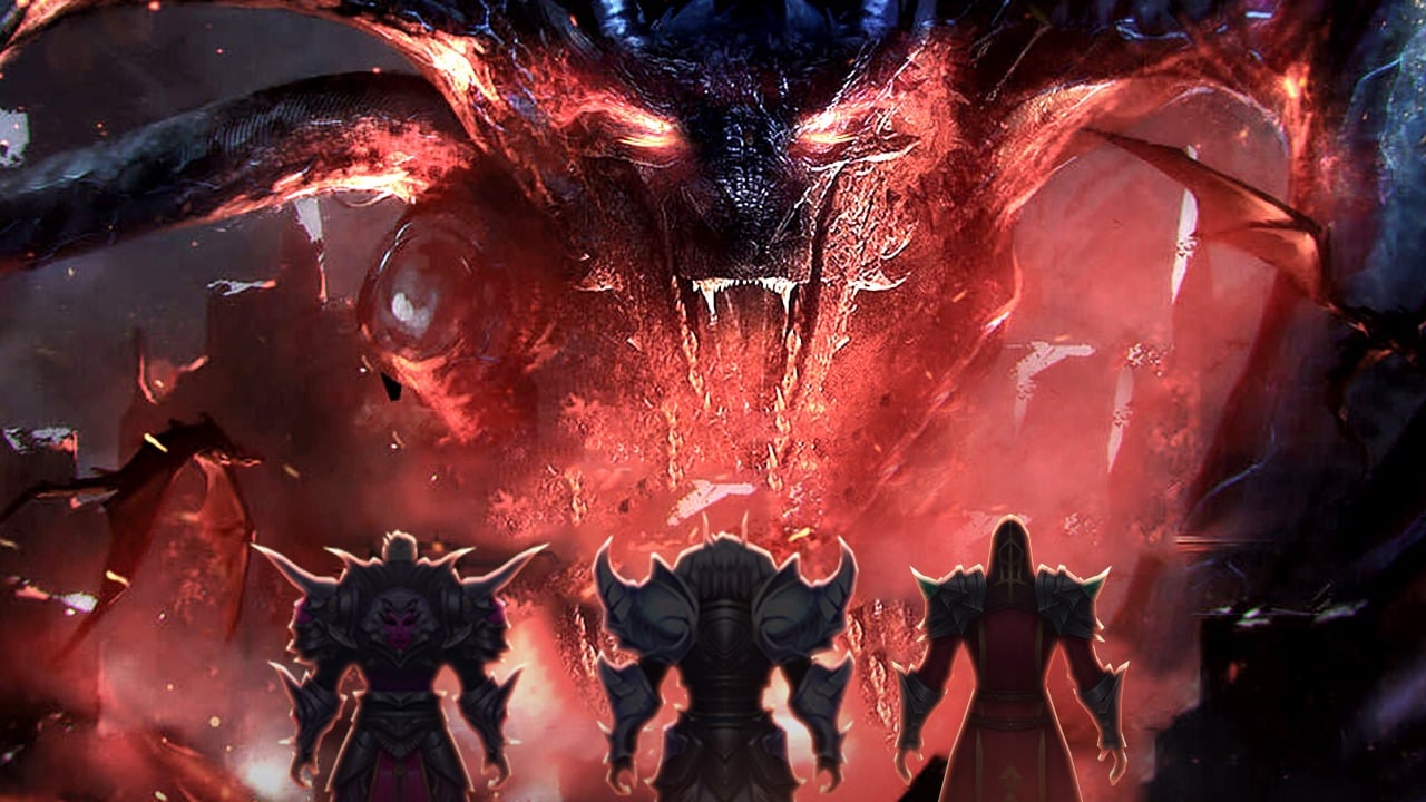 The featured image for our Blade Of Chaos: Immortal Titan codes guide, featuring three characters from the game fighting a giant dragon titan.