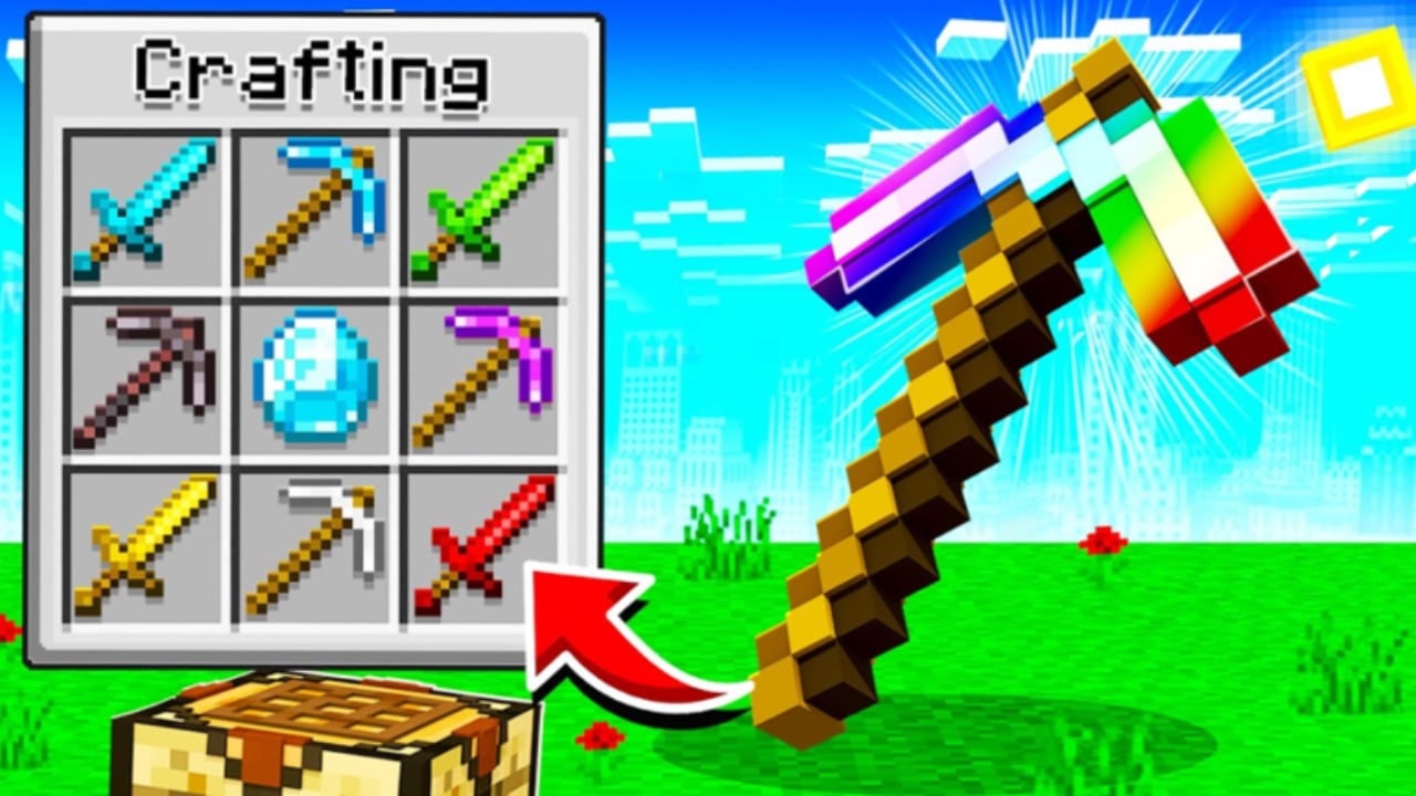 The featured image for our Block Miner codes guide, featuring a pickaxe from the game Minecraft, except it's multicoloured. There's also a mini crafting table shown to the left of the screen.